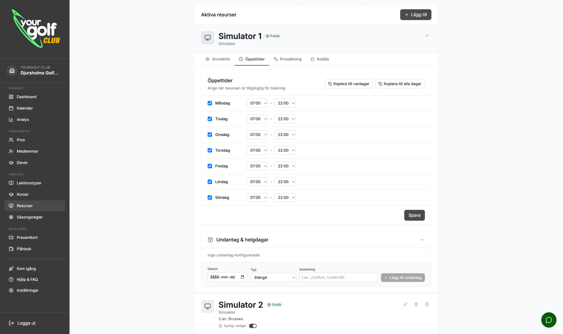 YourGolf Club - resource management with pricing by membership tier and time