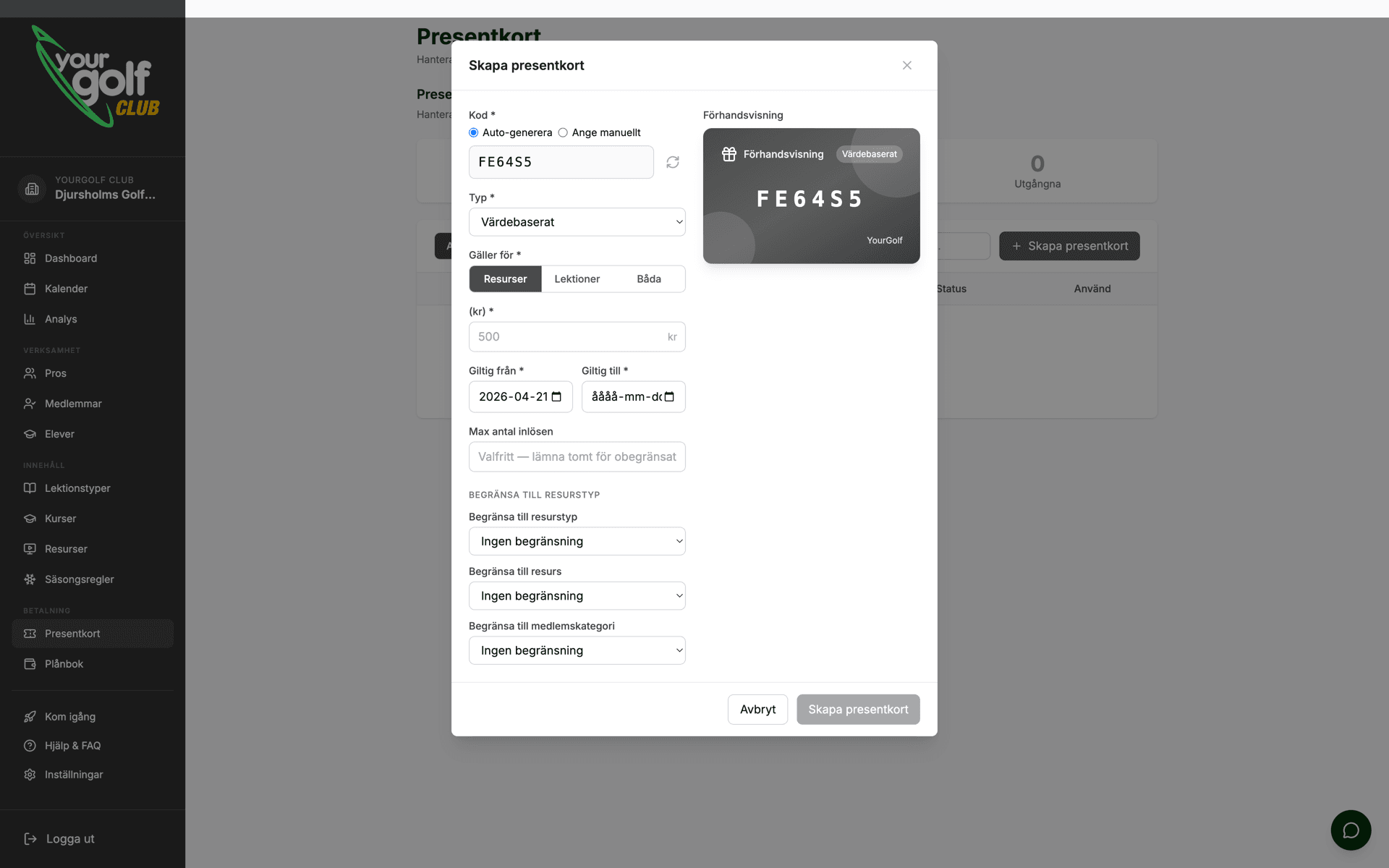 YourGolf Club - voucher management with types, restrictions and redemption tracking