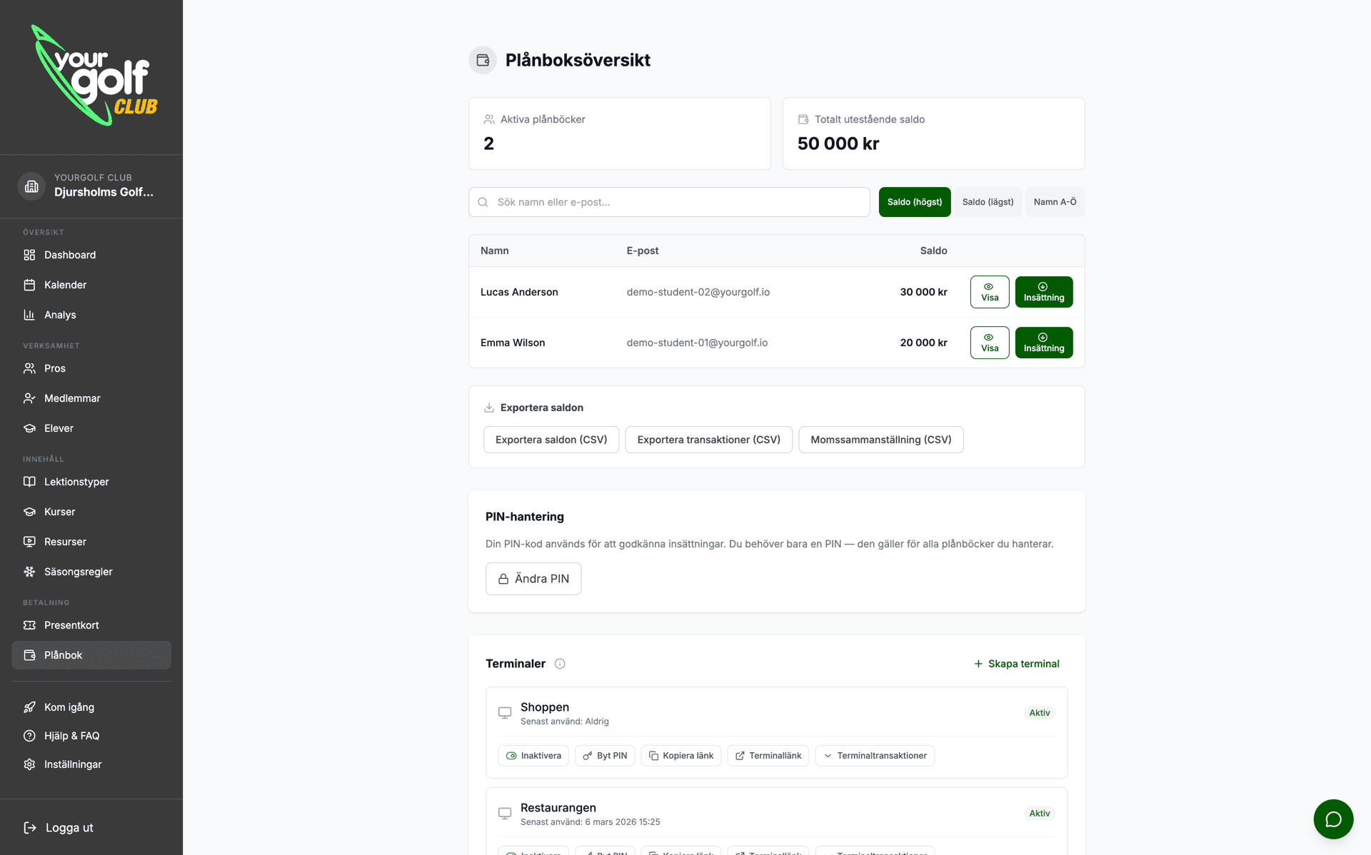 YourGolf Club - Wallet overview with balances, export and terminals