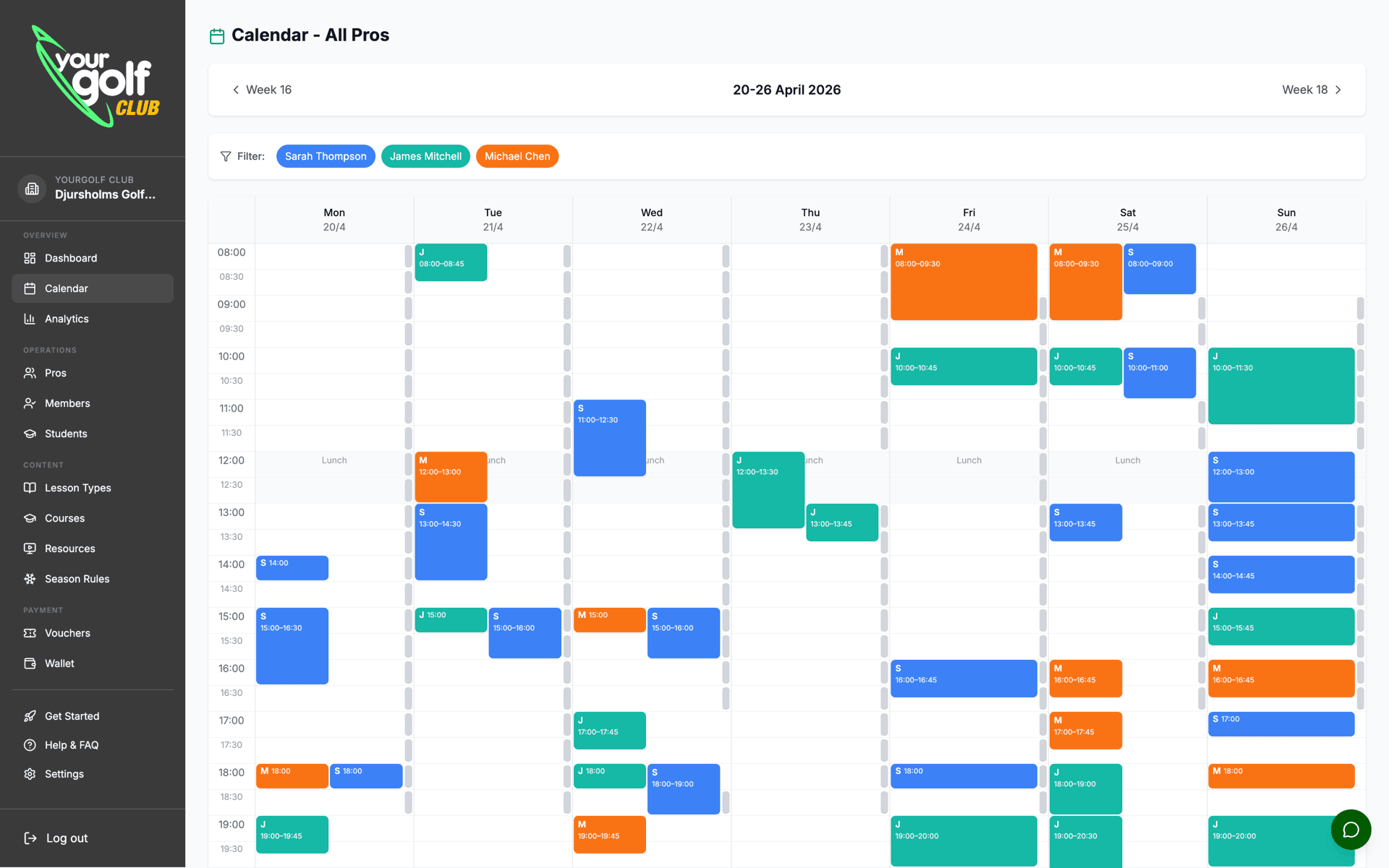 YourGolf Club - reception booking calendar view