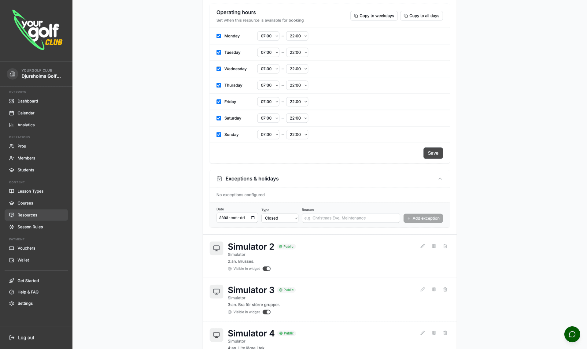 YourGolf Club - resource management with pricing by membership tier and time
