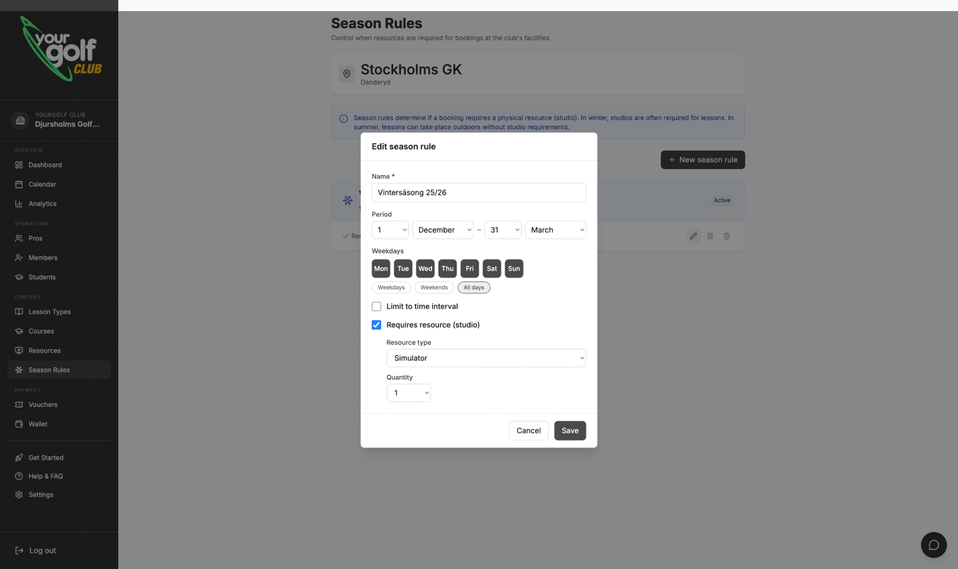 YourGolf Club - season rules with winter season and resource requirements