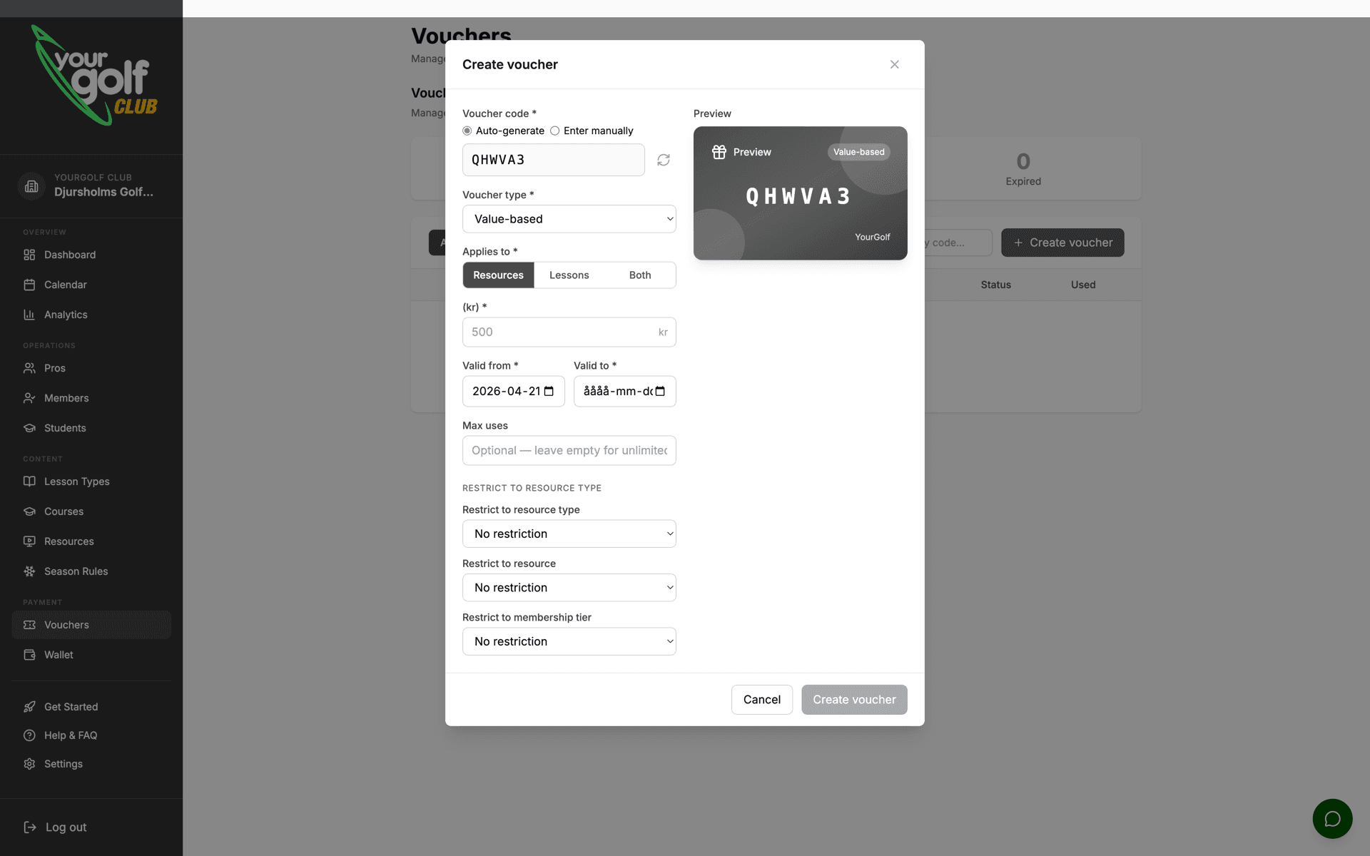 YourGolf Club - voucher management with types, restrictions and redemption tracking