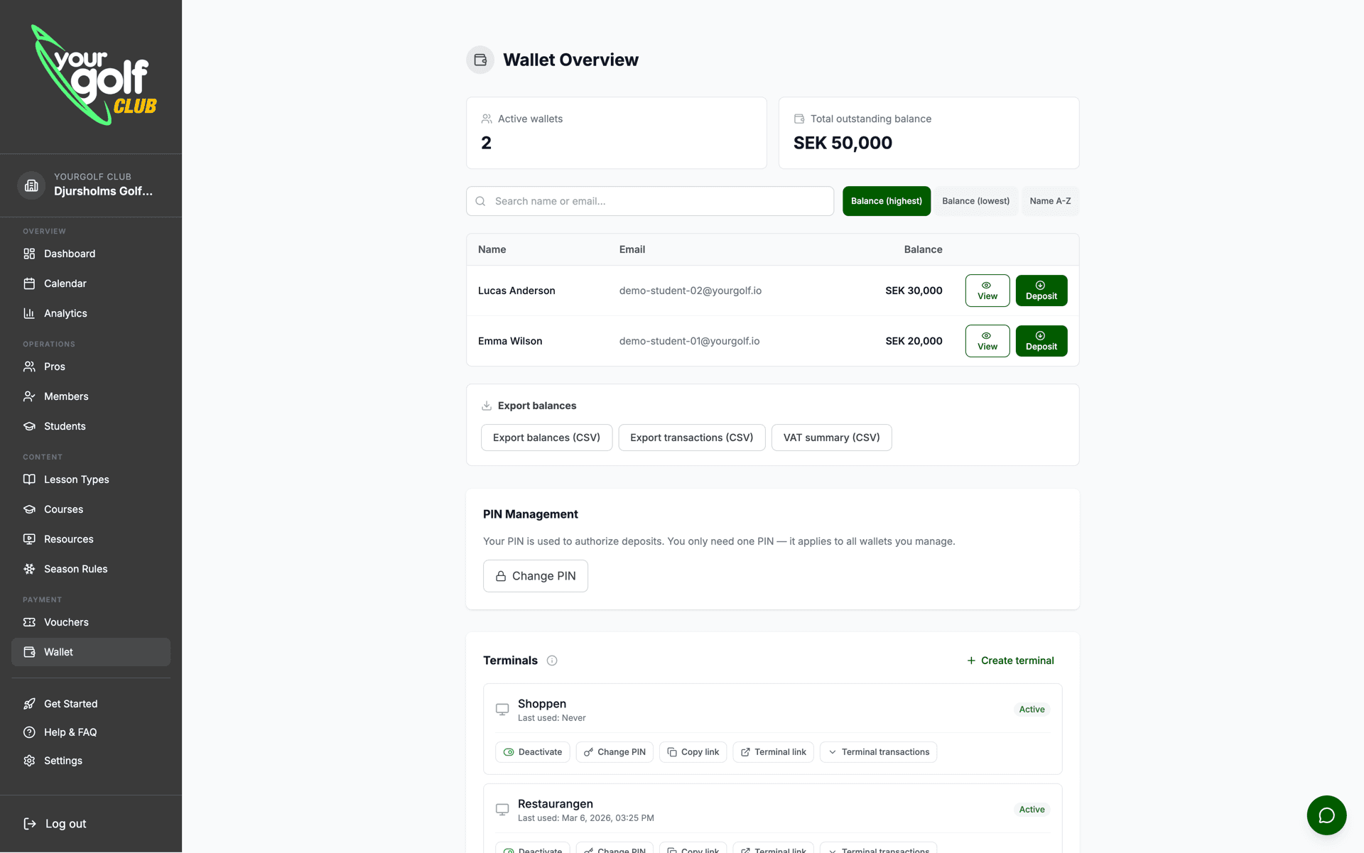 YourGolf Club - Wallet overview with balances, export and terminals