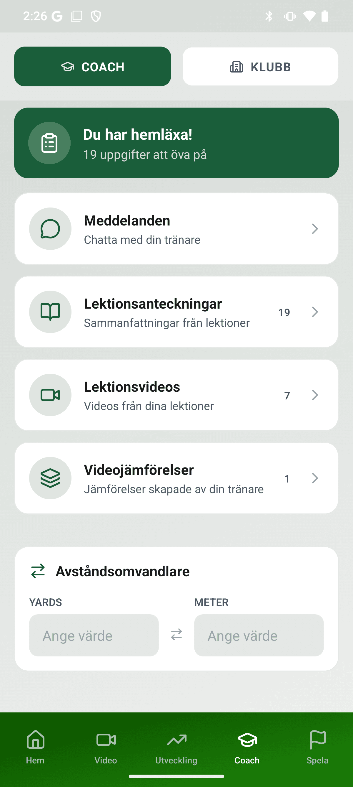 Student view - coach tab in the Player app
