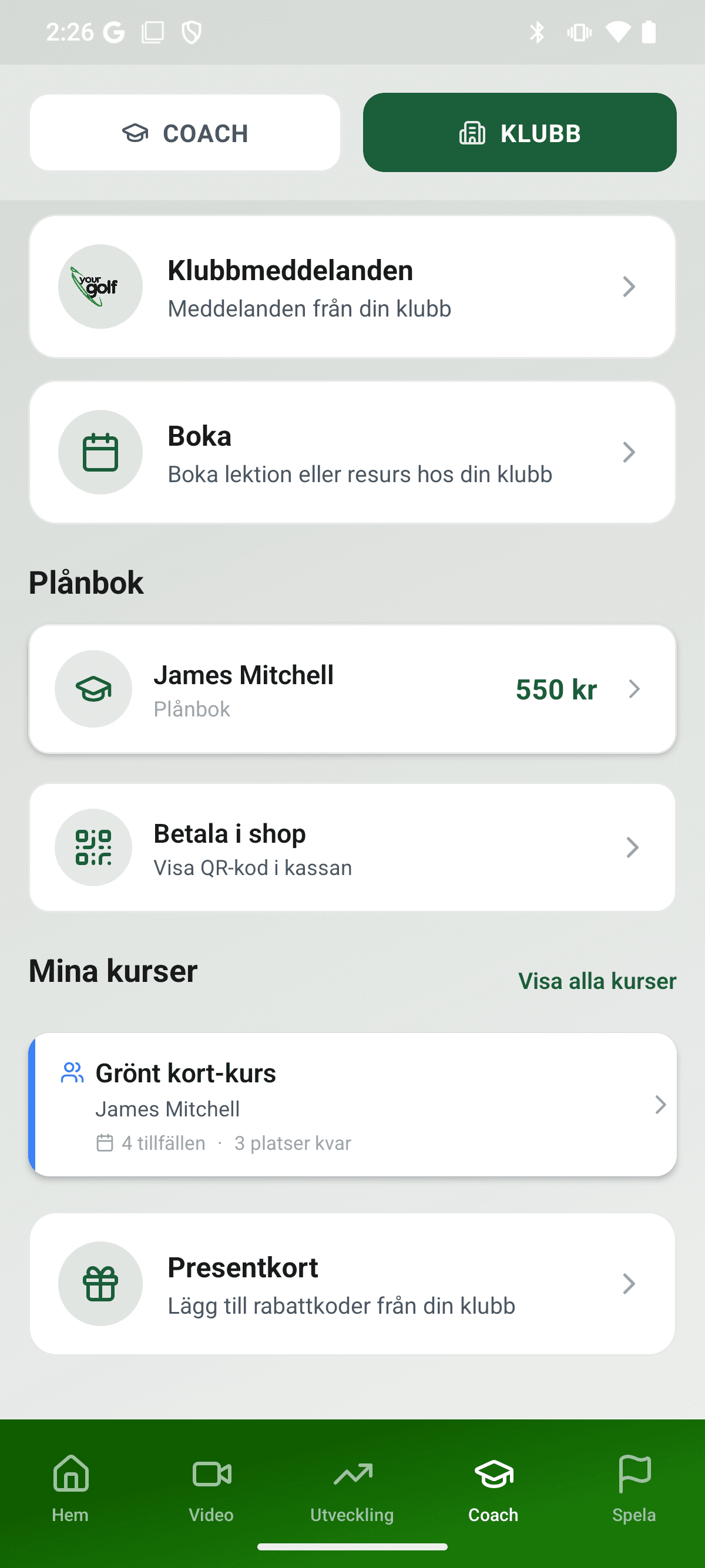 YourGolf Player - klubbfliken med plånbok och vouchers