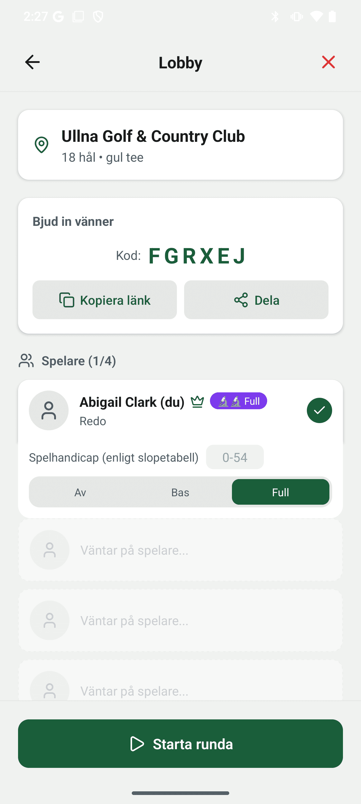 YourGolf Player - grupprunda-lobby