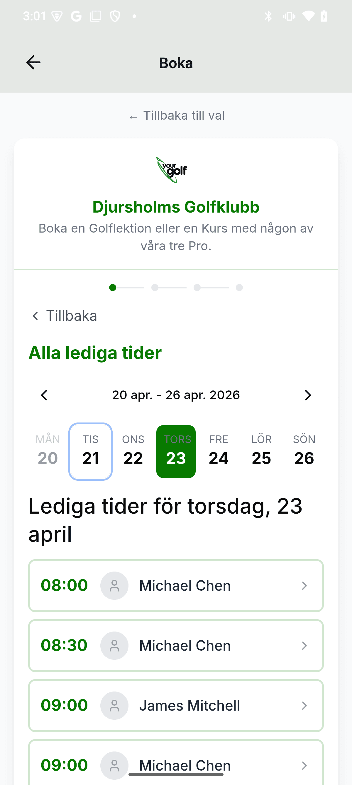 YourGolf Player - välj tid för bokningen