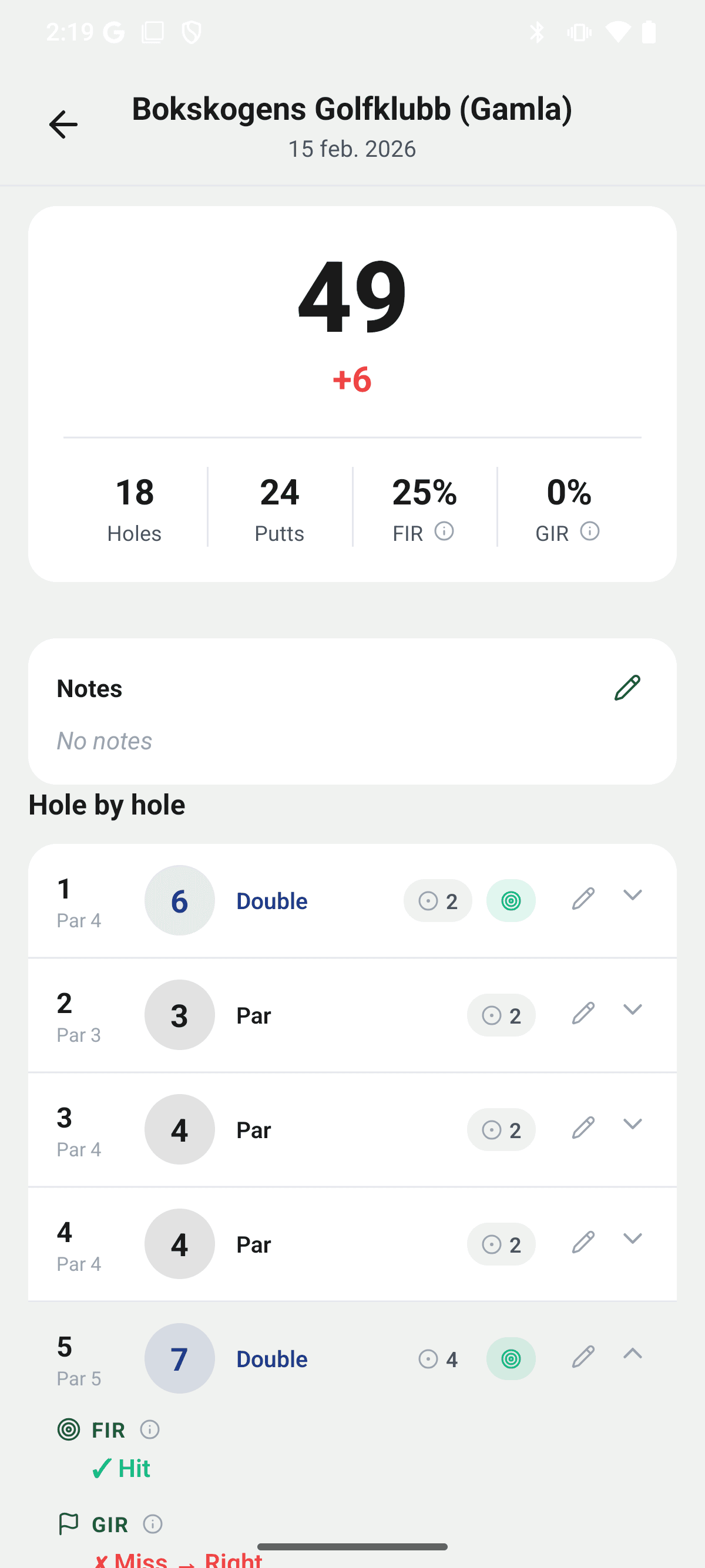 YourGolf Player - round summary