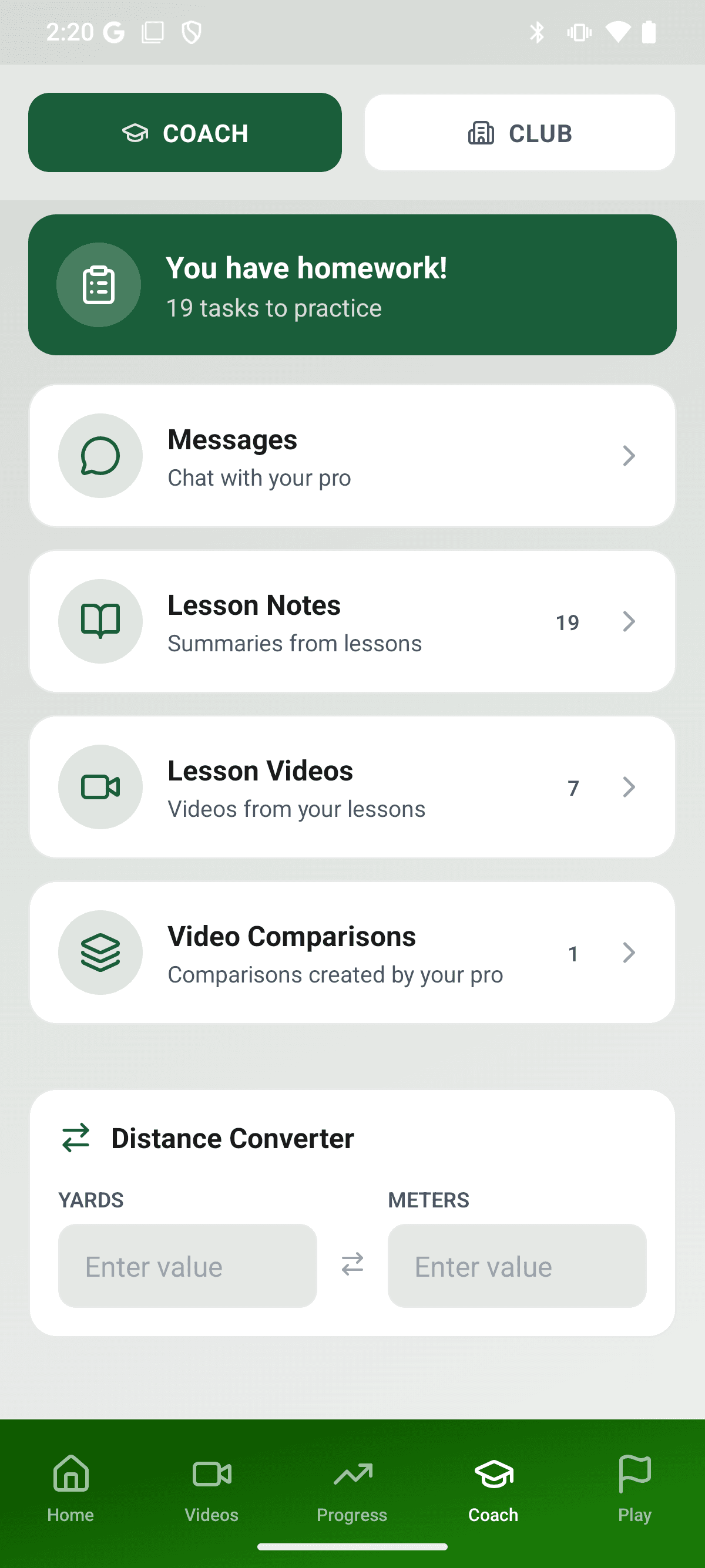 Student view - coach tab in the Player app