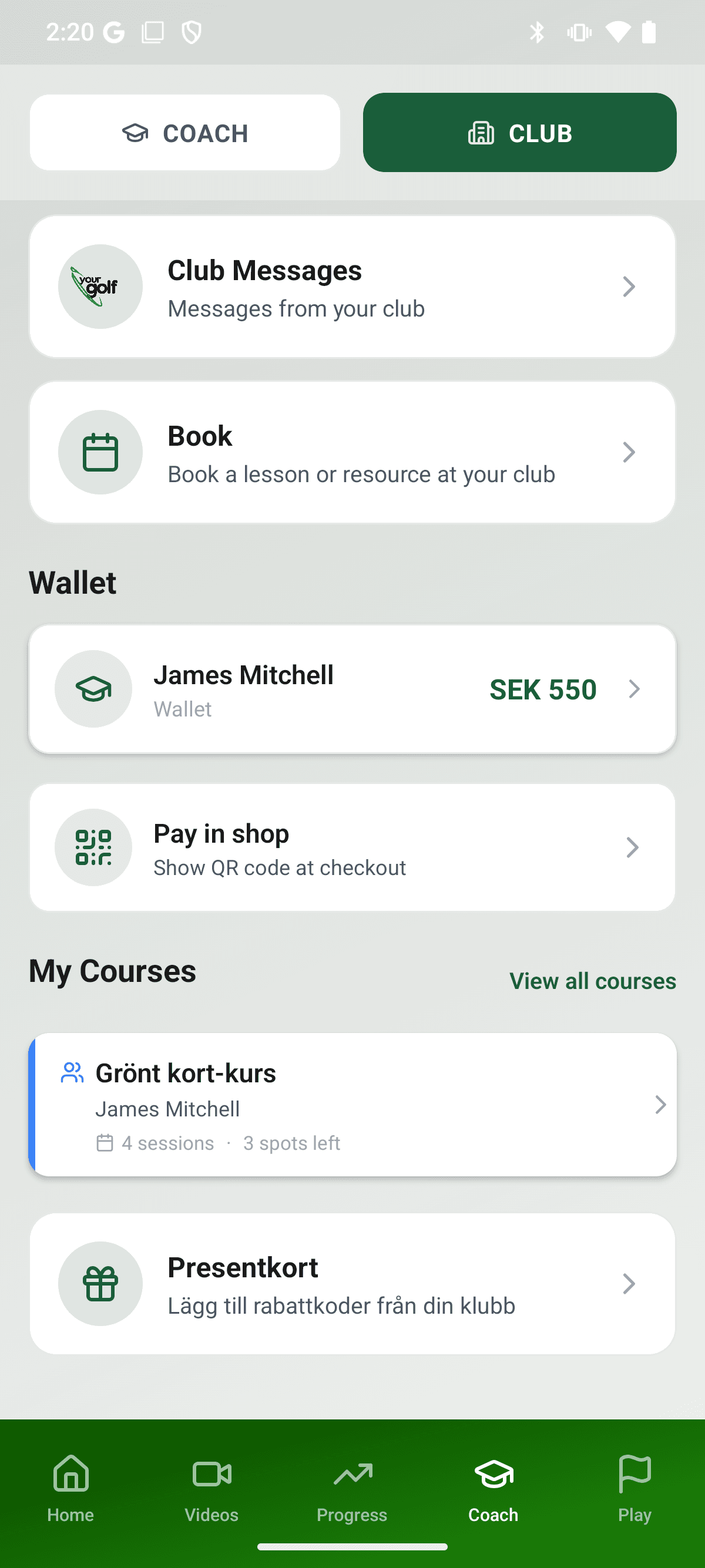 YourGolf Player - club tab with wallet and vouchers