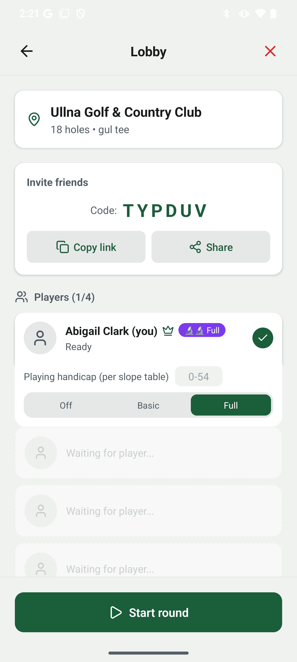 YourGolf Player - group round lobby