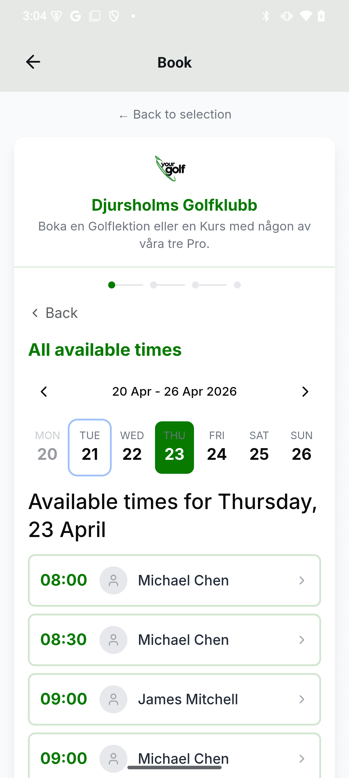 YourGolf Player - select time for booking