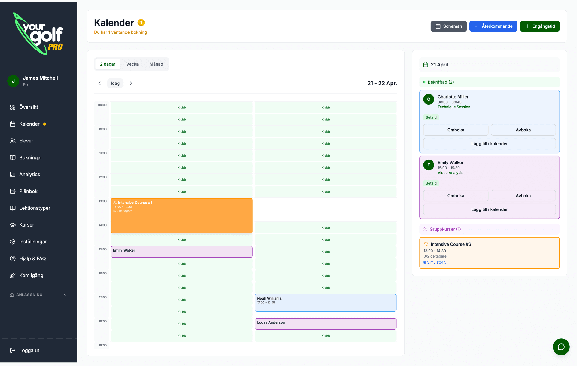 YourGolf Pro - calendar view with bookings