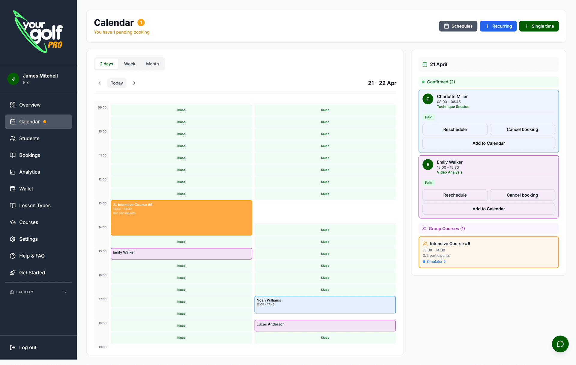 YourGolf Pro - calendar view with bookings