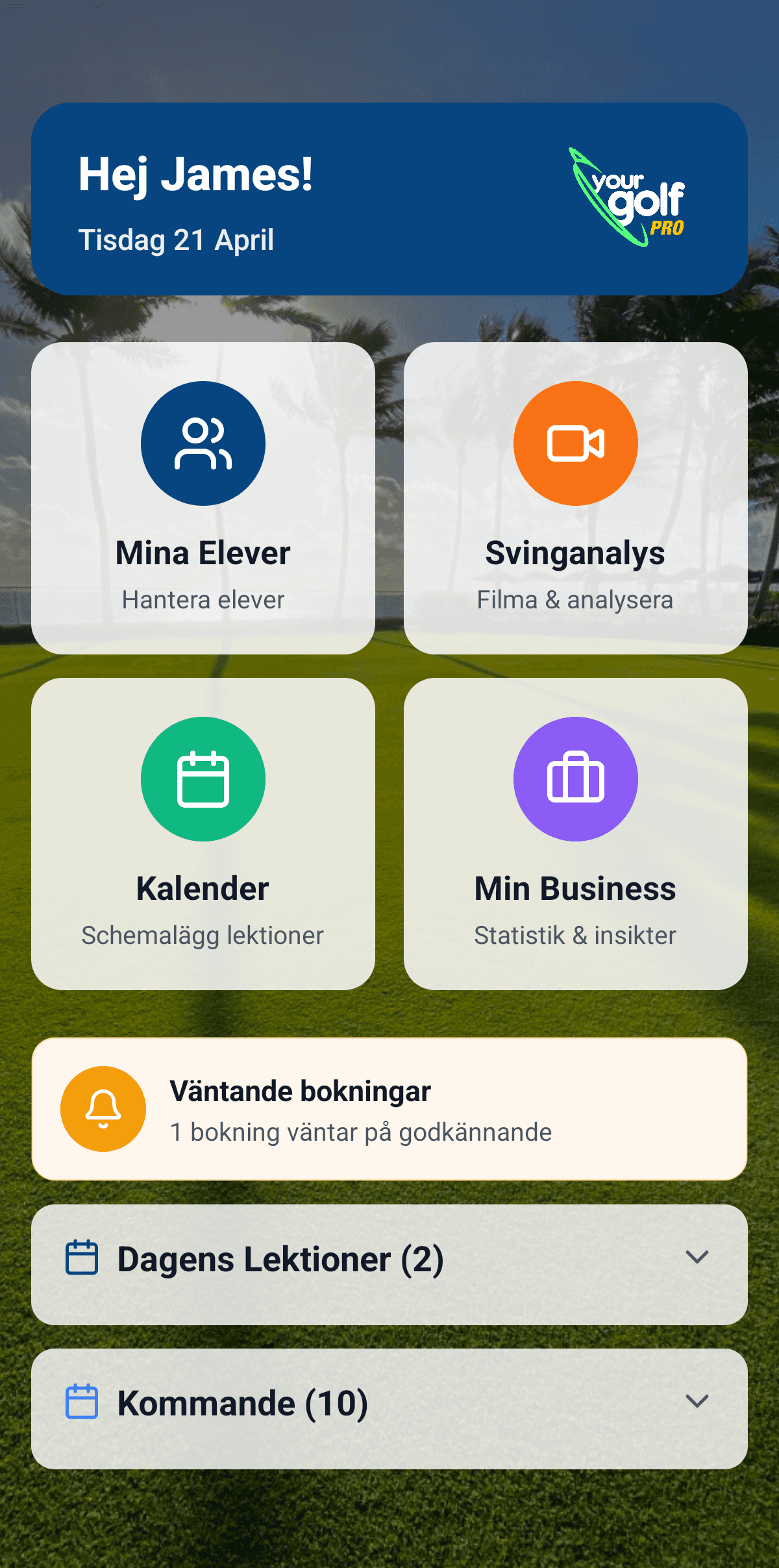 YourGolf Pro - dashboard on mobile