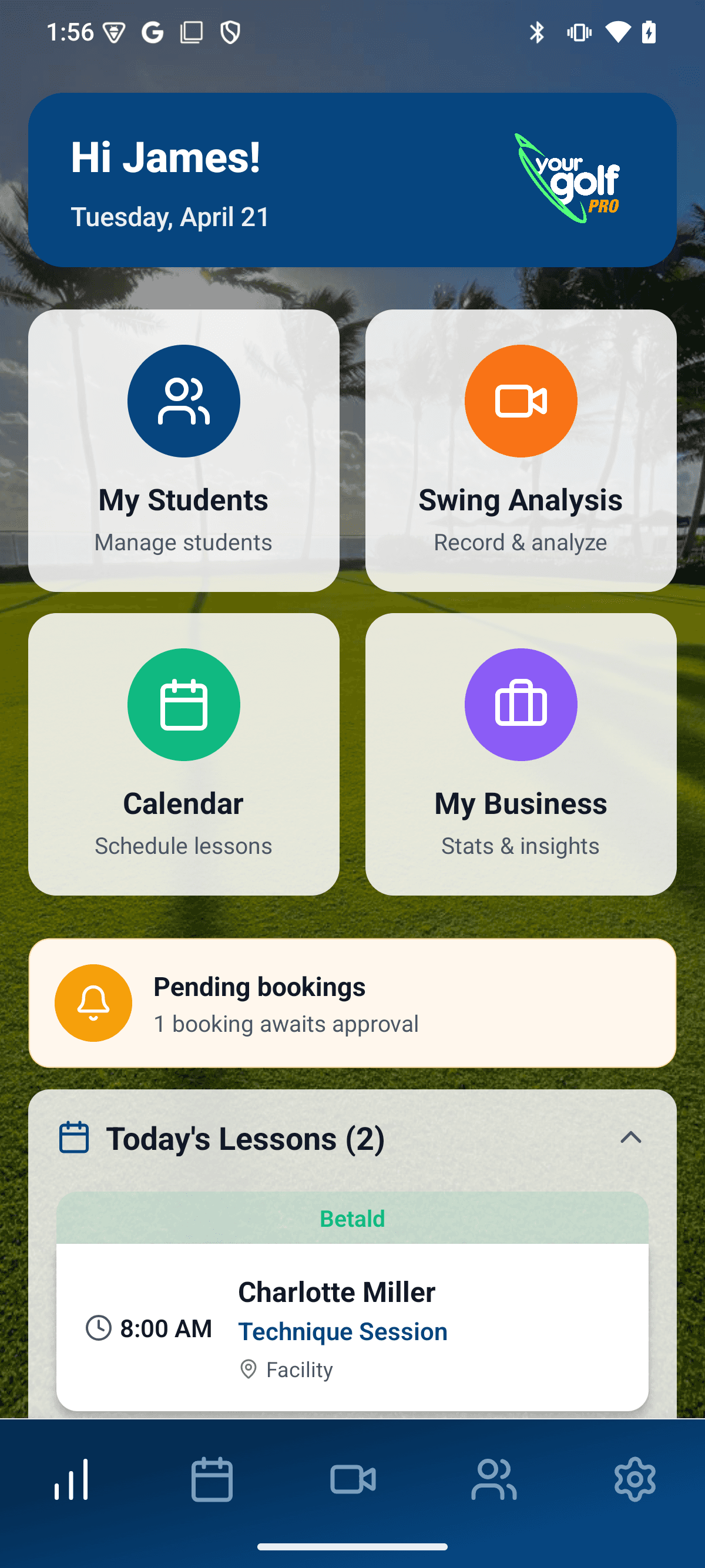 YourGolf Pro - dashboard on mobile