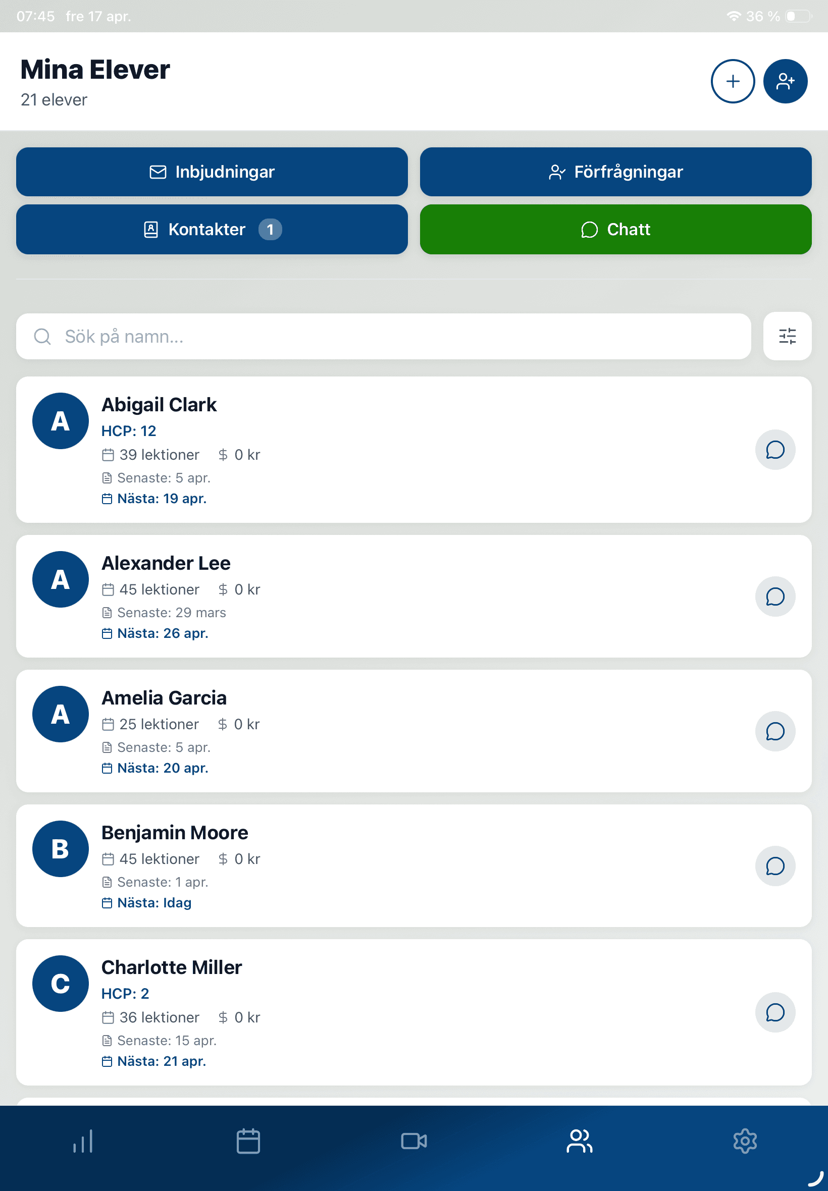 YourGolf Pro - student list on tablet