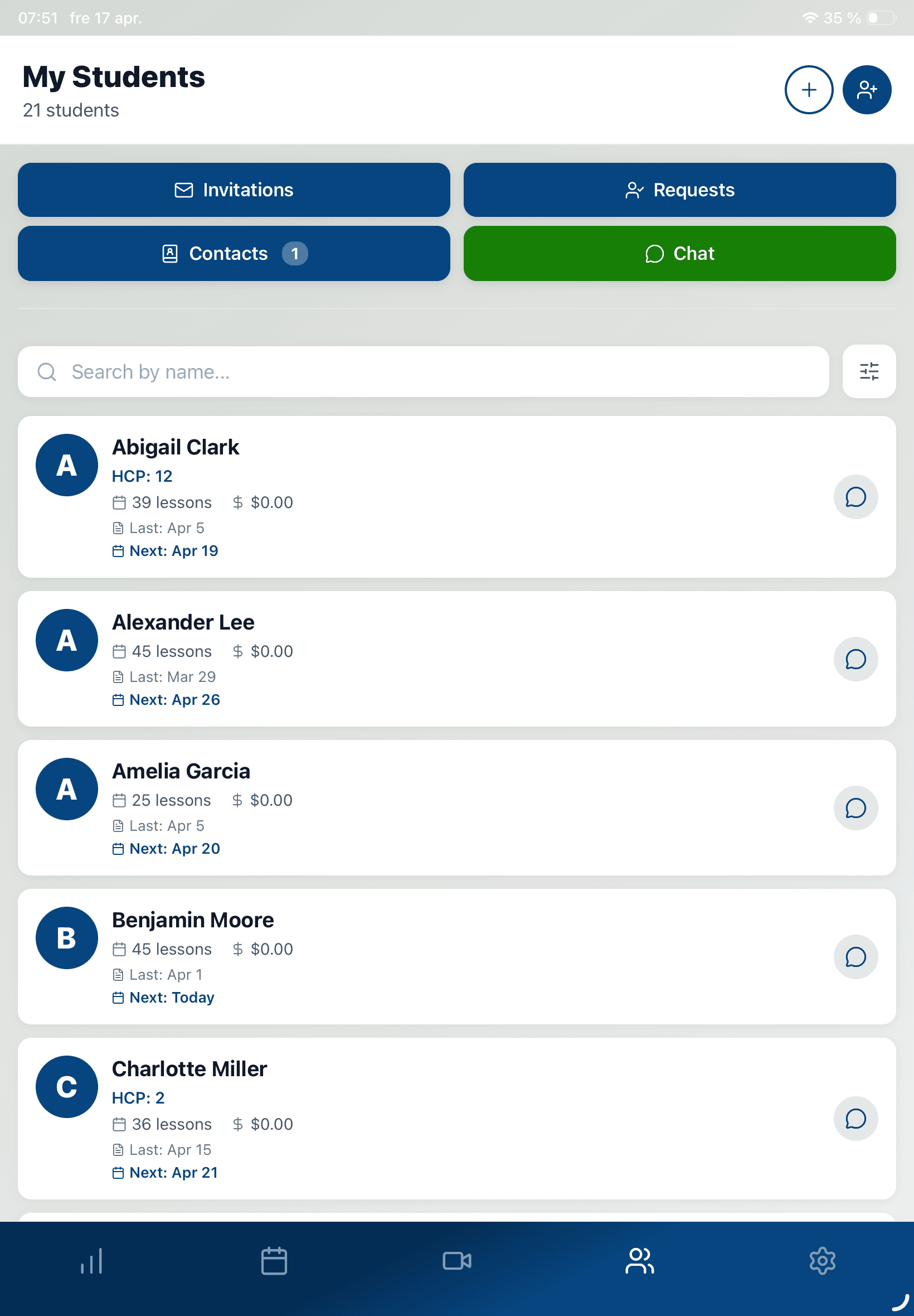 YourGolf Pro - student list on tablet